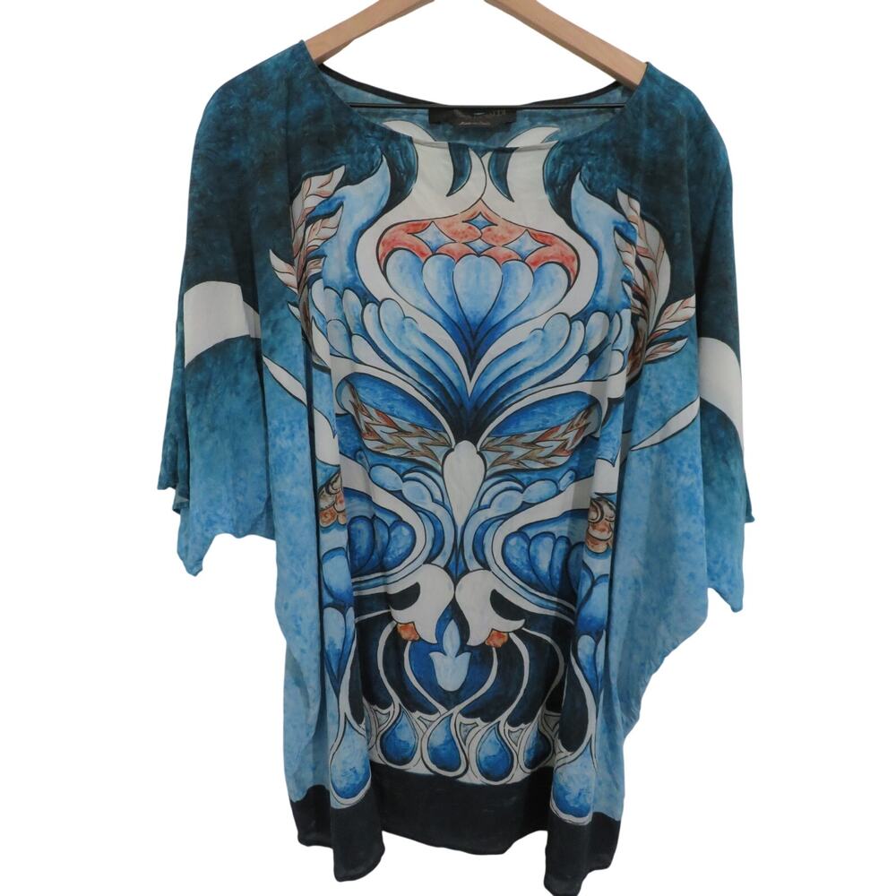 Marina Rinaldi Women Sz L Blue Silk Abstract Print Batwing Tunic Blouse Eclectic